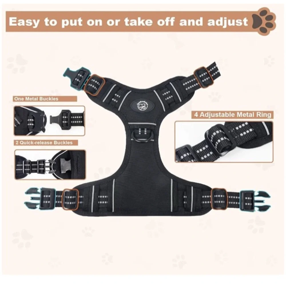 NWT Tactical Black Dog Harness Vest with AirTag Pocket & Adjustable Straps (XL)